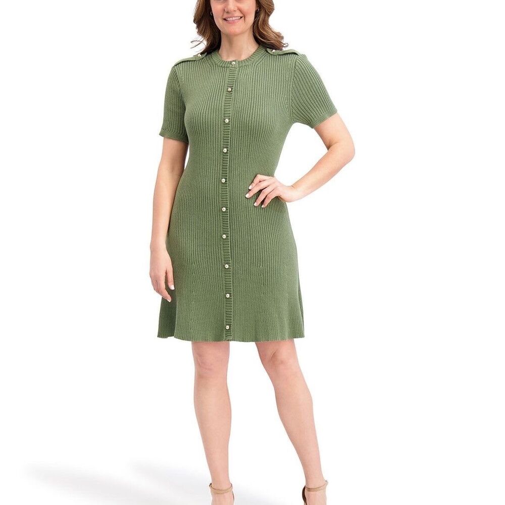 French Connection Women's Button-Up Mini Sweater Dress Green Size Medium